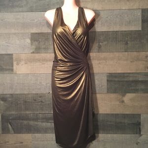Simon Chang Shimmery Bronze Wrap Midi Dress